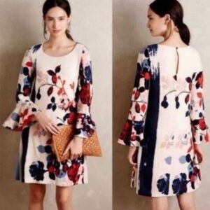 Anthropologie Maeve Anthousai Floral Knit Sweater Dress Bell Sleeves Size XS